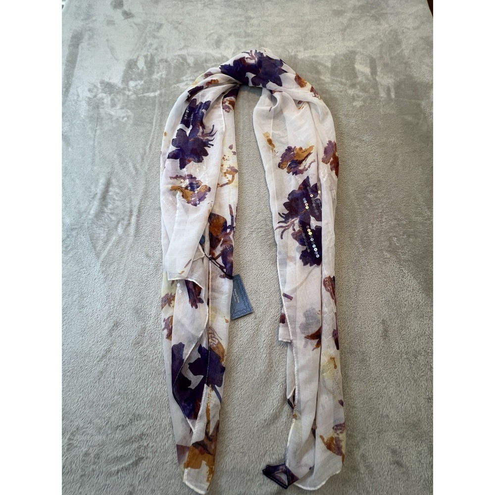 Womens Simply Vera Vera Wang Floral‎ Sequin Sheer Scarf Purple White Lightweight